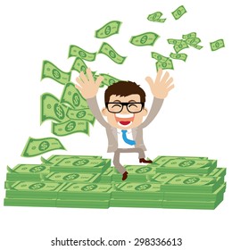 Businesspeople on pile of money cash