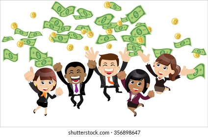 Businesspeople on pile of money cash