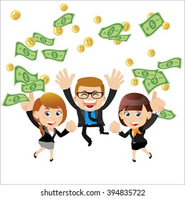 Businesspeople on pile of money cash