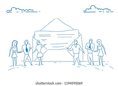 businesspeople open envelope paper document successful contract agreement concept teamwork evaluating business report brainstorming sketch doodle hand drawn horizontal vector illustration