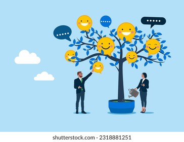 Businesspeople picking positive feedback from tree. Good review, good reputation, high ratings. Modern vector illustration in flat style