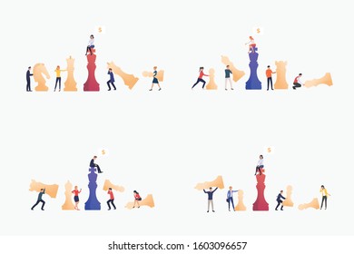 Businesspeople playing chess set. Chessman, piece, team. Flat vector illustrations. Business, teamwork, strategy concept for banner, website design or landing web page