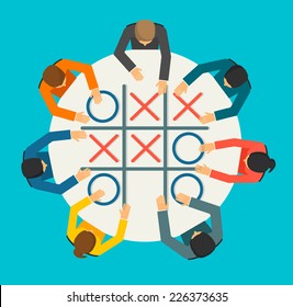 Businesspeople playing Noughts and Crosses game, vector illustration