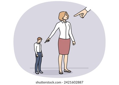 Los empresarios señalan con el dedo a su colega o compañero de trabajo. Los empleados culpan y culpan a los subordinados. Concepto de responsabilidad y gestión. Ilustración vectorial.