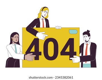 Businesspeople presentation failure error 404 flash message. Upset employees team. Empty state ui design. Page not found popup cartoon image. Vector flat illustration concept on white background