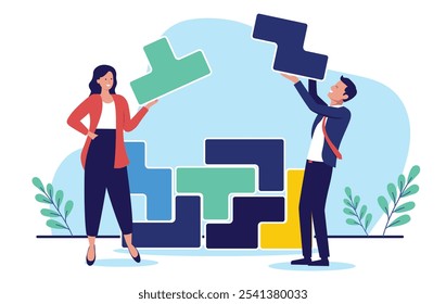 Businesspeople problem solving - Two people businessman and businesswoman working with logic puzzle building and creating solution for company. Flat design stock illustration on white background