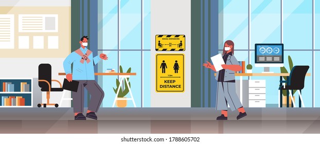 businesspeople in protective masks keeping distance to prevent coronavirus pandemic social distancing concept business people working in office full length horizontal vector illustration