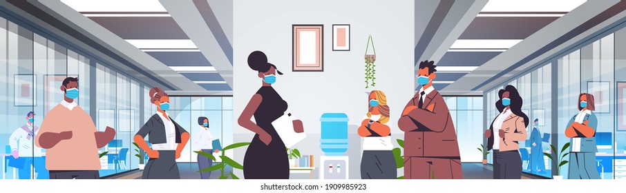 businesspeople in protective masks standing together coronavirus quarantine concept mix race colleagues discussing during meeting modern office interior horizontal portrait vector illustration