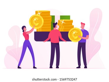 Businesspeople Put on Huge Scales Golden Coins and Banknotes Weighing Money. Balance between Time Life and Finance, Monetization, Increasing Financial Capital Wealth. Cartoon Flat Vector Illustration