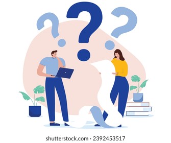 Businesspeople with question - Man and woman in office reading document, thinking and wondering trying to solve problem. Flat design vector illustration with white background