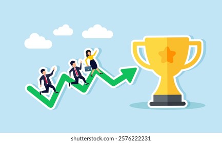 Businesspeople race on a rising green chart beside a trophy, illustration of improving business performance to achieve an award