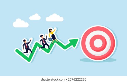 Businesspeople race on a rising green chart beside a target board, illustration of improving business performance in effective target achievement