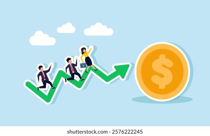 Businesspeople race on a rising green chart beside dollar coins, illustration of improving business financial performance