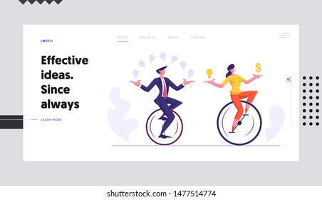 Businesspeople Racing in Leadership Competition Website Landing Page. Business Man and Woman Riding Monowheel Juggling with Glowing Idea Light Bulbs Web Page Banner. Cartoon Flat Vector Illustration