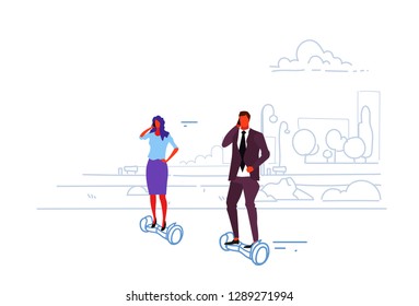 businesspeople riding electric scooter business woman man talking smartphone office workers eco transport concept city urban park landscape sketch doodle horizontal