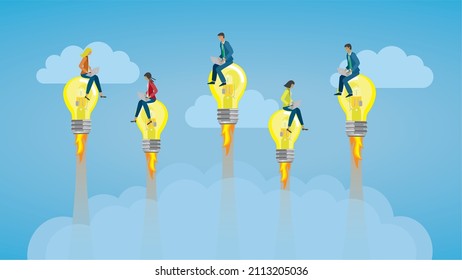 Businesspeople riding on light bulb rockets. Vector illustration. Dimension 16:9. EPS10.