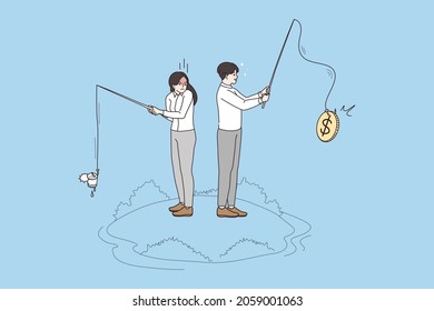 Businesspeople rivals with rod fishing for money revenue or income. Man and woman competitors strive for success, get different profit. Business jealousy, rivalry concept. Flat vector illustration. 