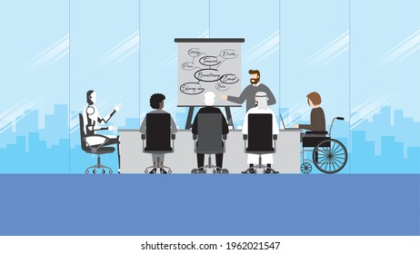 ฺDiversity businesspeople and robot colleagues in office meeting room. Collaboration process multicultural skill of diverse employee with brainstorming diagram. Technology concept in future business.