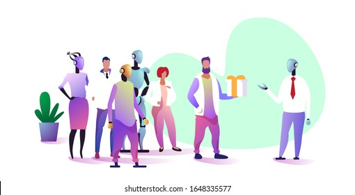 businesspeople with robotic colleagues team giving surprise to chief humanoid robot vs human artificial intelligence technology concept full length horizontal vector illustration