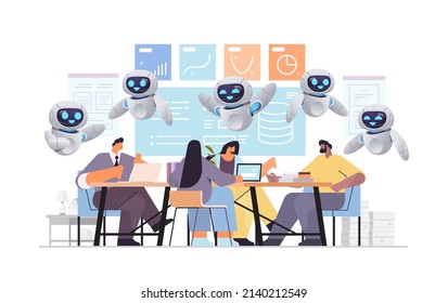 businesspeople with robots analyzing financial data on charts and graphs during conference meeting planning report