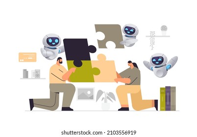 businesspeople with robots helpers putting parts of puzzle together problem solution teamwork artificial intelligence