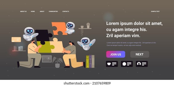 businesspeople with robots helpers putting parts of puzzle together problem solution teamwork artificial intelligence technology