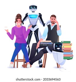 businesspeople and robots standing together artificial intelligence teamwork concept