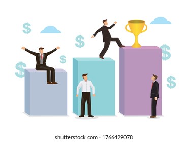 Businesspeople run to their goal of column to reach the award. Concept of motivation, challenge; corporate achievement or KPI. Flat cartoon character vector illustration.