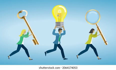 Businesspeople running with conceptual objects. Collection or banner. Dimension 16:9. Vector illustration. 