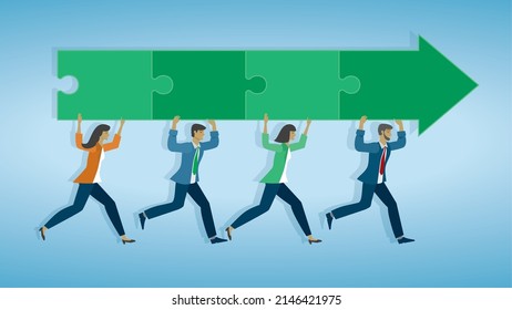 Businesspeople running with green arrow with puzzle pieces. Vector illustration. Dimension 16:9.