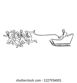 businesspeople running with his boss on sleigh vector illustration sketch doodle hand drawn with black lines isolated on white background