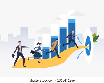 Businesspeople running to target with bar chart in background. Goal, competition, growth, success concept. Can be used for topics like business, finance, marketing