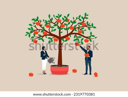 Businesspeople s picking apples from tree. Idea, Financial and investment growth. Flat vector illustration