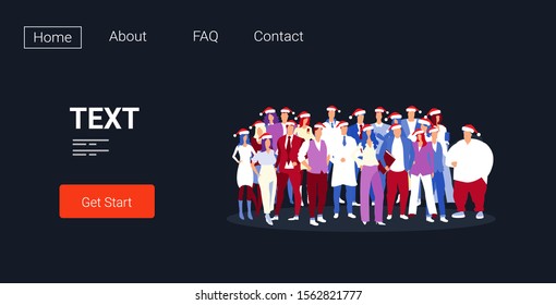 businesspeople in santa hats celebrating corporate party business people team standing together merry christmas happy new year winter holidays concept full length horizontal vector illustration