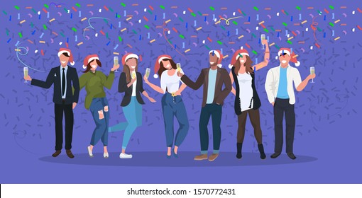 businesspeople in santa hats having confetti corporate party mix race business people celebrating merry christmas happy new year winter holidays concept horizontal full length vector illustration