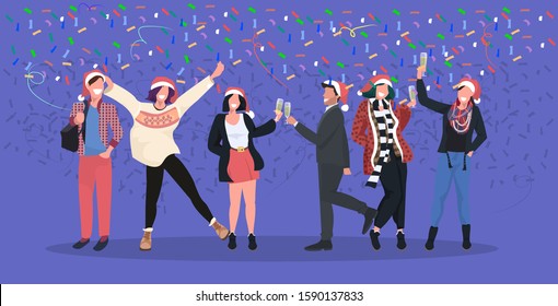 businesspeople in santa hats having confetti corporate party mix race business people celebrating merry christmas happy new year winter holidays concept horizontal full length vector illustration