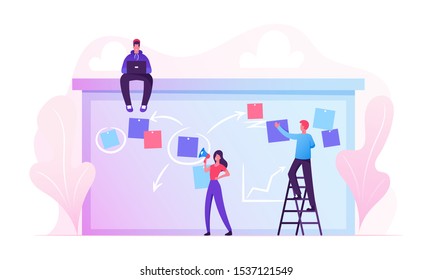 Businesspeople Scheduling Work on Agenda Schedule Task Board with Sticky Notes Standing on Ladder. Business People Planning Teamwork Events in Office Interior Concept Cartoon Flat Vector Illustration