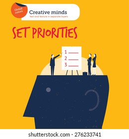 Businesspeople Setting Priorities On A Head. Vector Illustration Eps10 File. Global Colors. Text And Texture In Separate Layers.