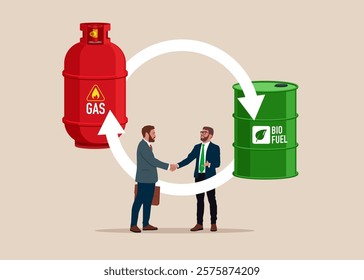 Businesspeople shaking hand. Exchange biofuel to natural gas. Vision plan and perspective. Trading gas and biofuel. Modern vector illustration in flat style