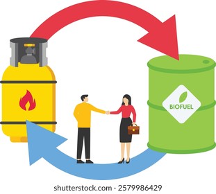 Businesspeople shaking hand. Exchange biofuel to natural gas. Vision plan and perspective. Trading gas and biofuel. Modern vector illustration in flat style

