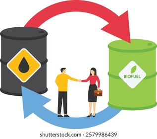 Businesspeople shaking hand. Exchange gasoline to biofuel. Vision plan and perspective. Green energy technology. Modern vector illustration in flat style

