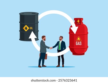 Businesspeople shaking hand. Exchange oil to natural gas. Vision plan and perspective. Trading gas and fuels, diesel, oil. Modern vector illustration in flat style