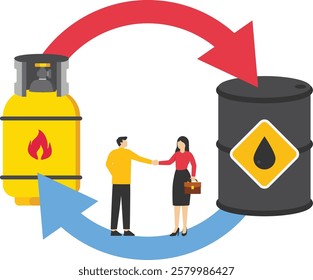 Businesspeople shaking hand. Exchange oil to natural gas. Vision plan and perspective. Trading gas and fuels, diesel, oil. Modern vector illustration in flat style

