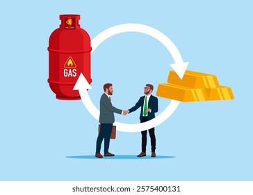 Businesspeople shaking hand. Exchange stack of gold bar bullion to natural gas. Vision plan and perspective. Trading gas and gold bar bullion. Modern vector illustration in flat style