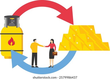 Businesspeople shaking hand. Exchange stack of gold bar bullion to natural gas. Vision plan and perspective. Trading gas and gold bar bullion. Modern vector illustration in flat style

