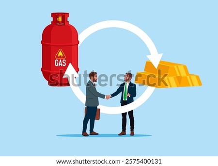 Businesspeople shaking hand. Exchange stack of gold bar bullion to natural gas. Vision plan and perspective. Trading gas and gold bar bullion. Modern vector illustration in flat style