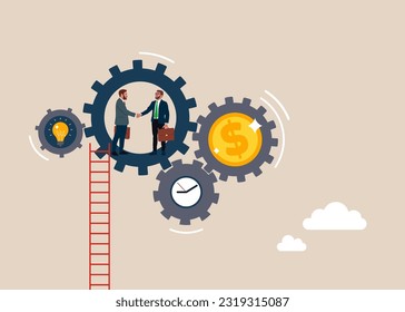 Businesspeople shaking hand. Successful concept with Financial investments in creative projects and into innovation. Symbol leadership, strategy, mission, objectives. Flat vector illustration