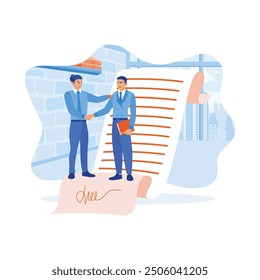 Businesspeople shaking hands over the signed contract. Business deal to success. Contract agreement concept. Flat vector illustration.