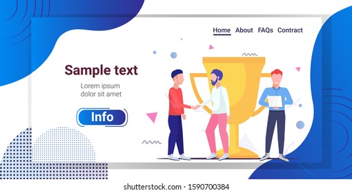 businesspeople shaking hands partners standing near golden trophy cup first place championship successful corporate business strategy concept sketch full length horizontal copy space vector