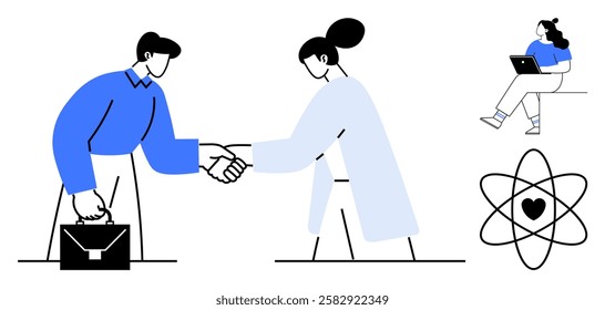 Businesspeople shaking hands, woman using laptop, and atomic heart symbol. Ideal for business, teamwork, partnership, technology, education, collaboration, and connections Line metaphor